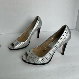 MICHAEL KORS Women’s Laser Cut SILVER Peep‎ Toe Stiletto Pump Heel Shoes Sz 8.5M